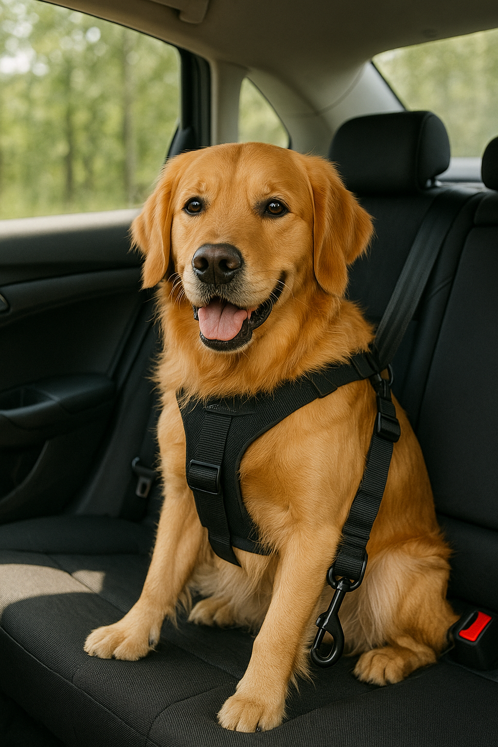 Hund mit Sicherheitsgurt im Wohnmobil