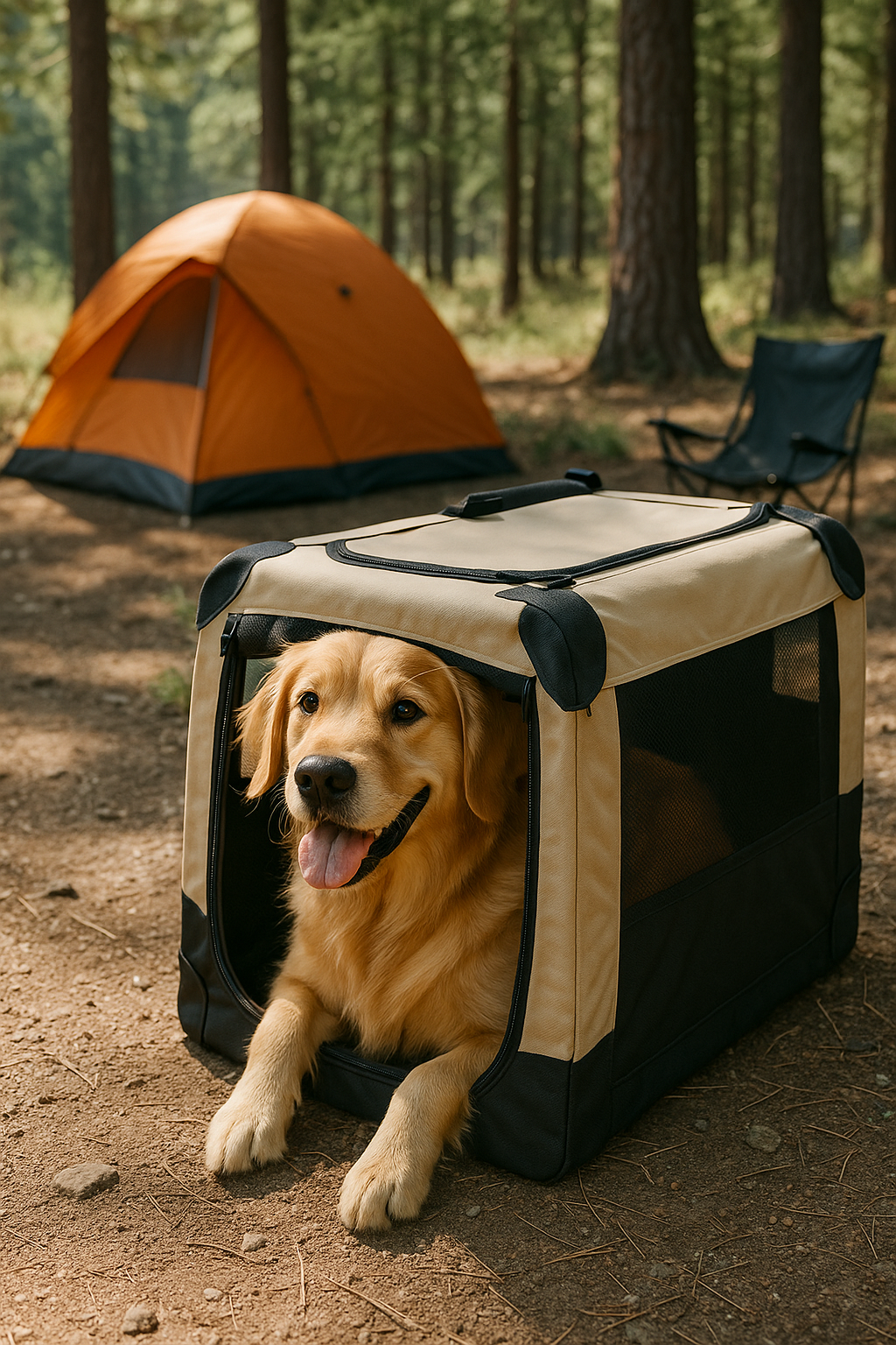 Golden Retriever in Transportbox im Wohnmobil