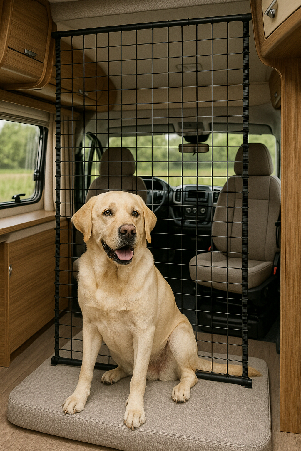Labrador hinter Trenngitter im Wohnmobil